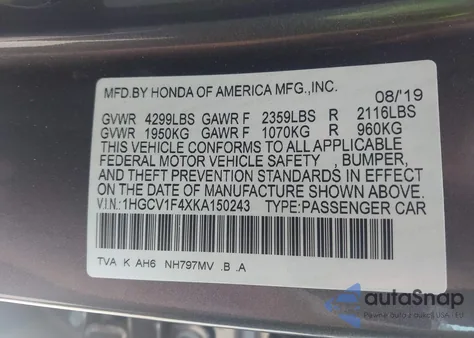 2019 Honda Accord Ex z USA, uszkodzony, nr VIN 1HGCV1F4XKA150243